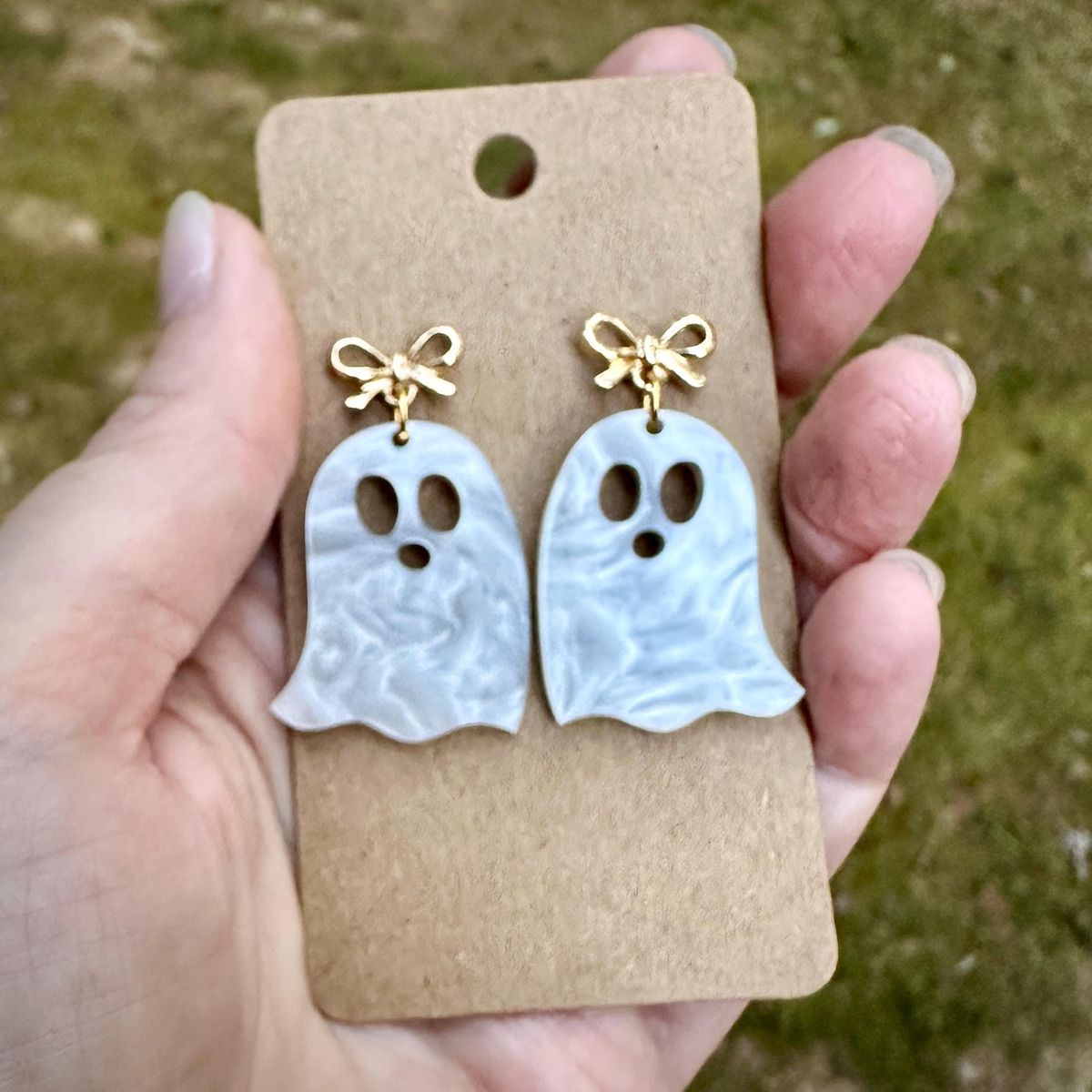 Blue Marbled Ghost Halloween Earrings view 2