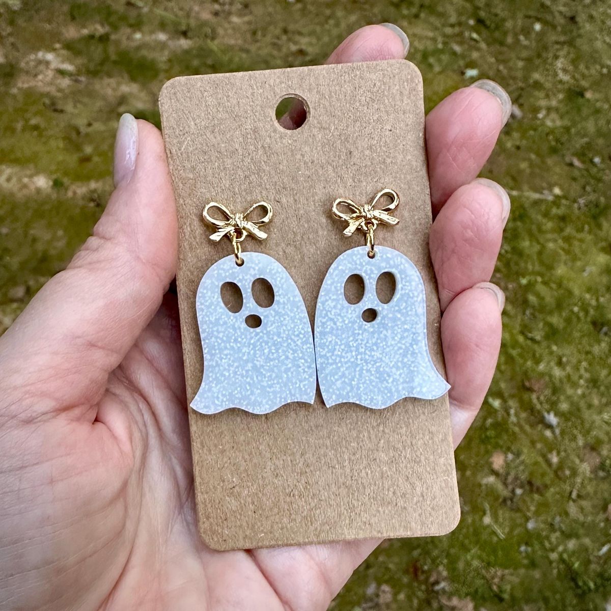 Light Blue Striped Ghost Halloween Earrings view 2