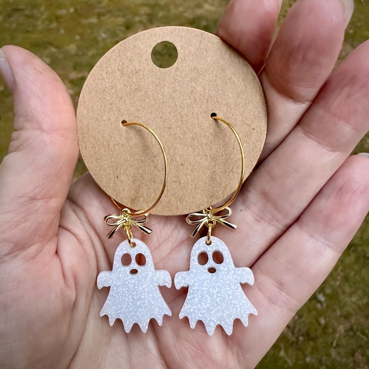 White Marbled Ghost Halloween Earrings view 2