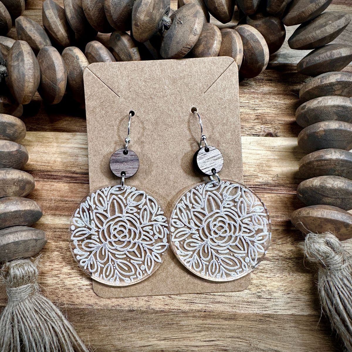 White Spiral Mandala Circular Acrylic Earrings