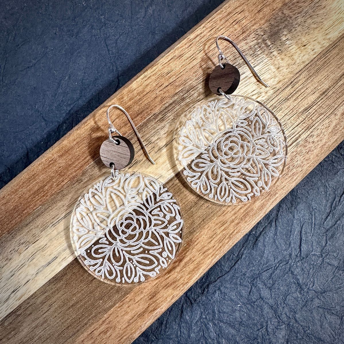 White Spiral Mandala Circular Acrylic Earrings view 2