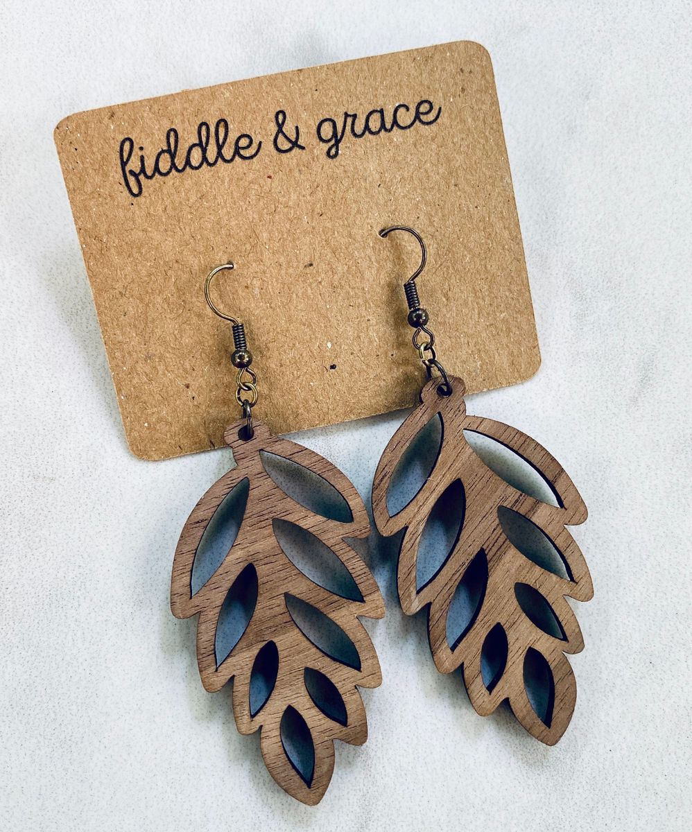 Tan & Navy Leaf Cutout Wood Acrylic Earrings
