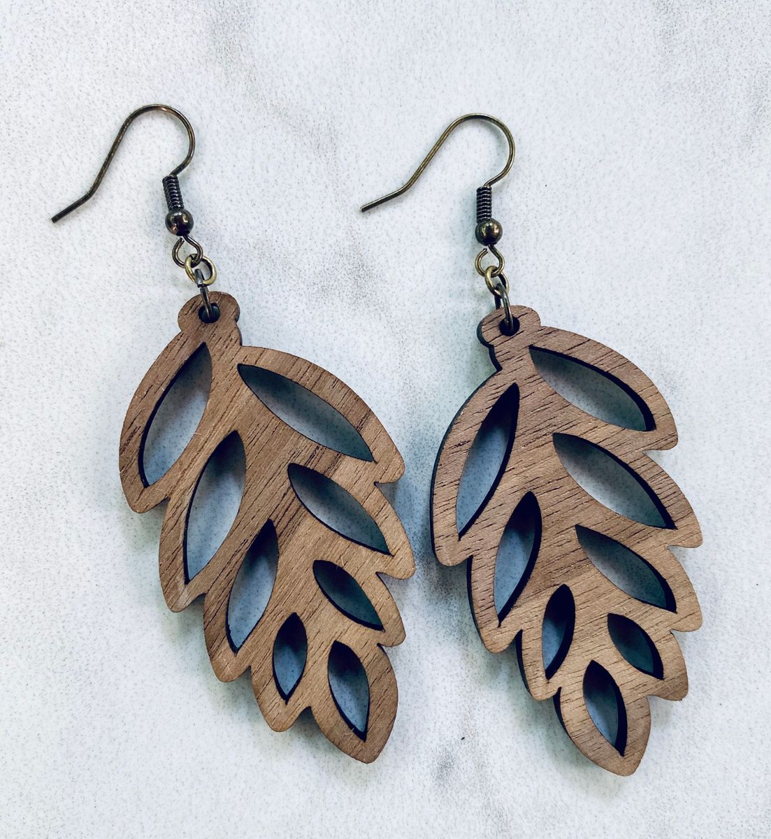 Tan & Navy Leaf Cutout Wood Acrylic Earrings view 2