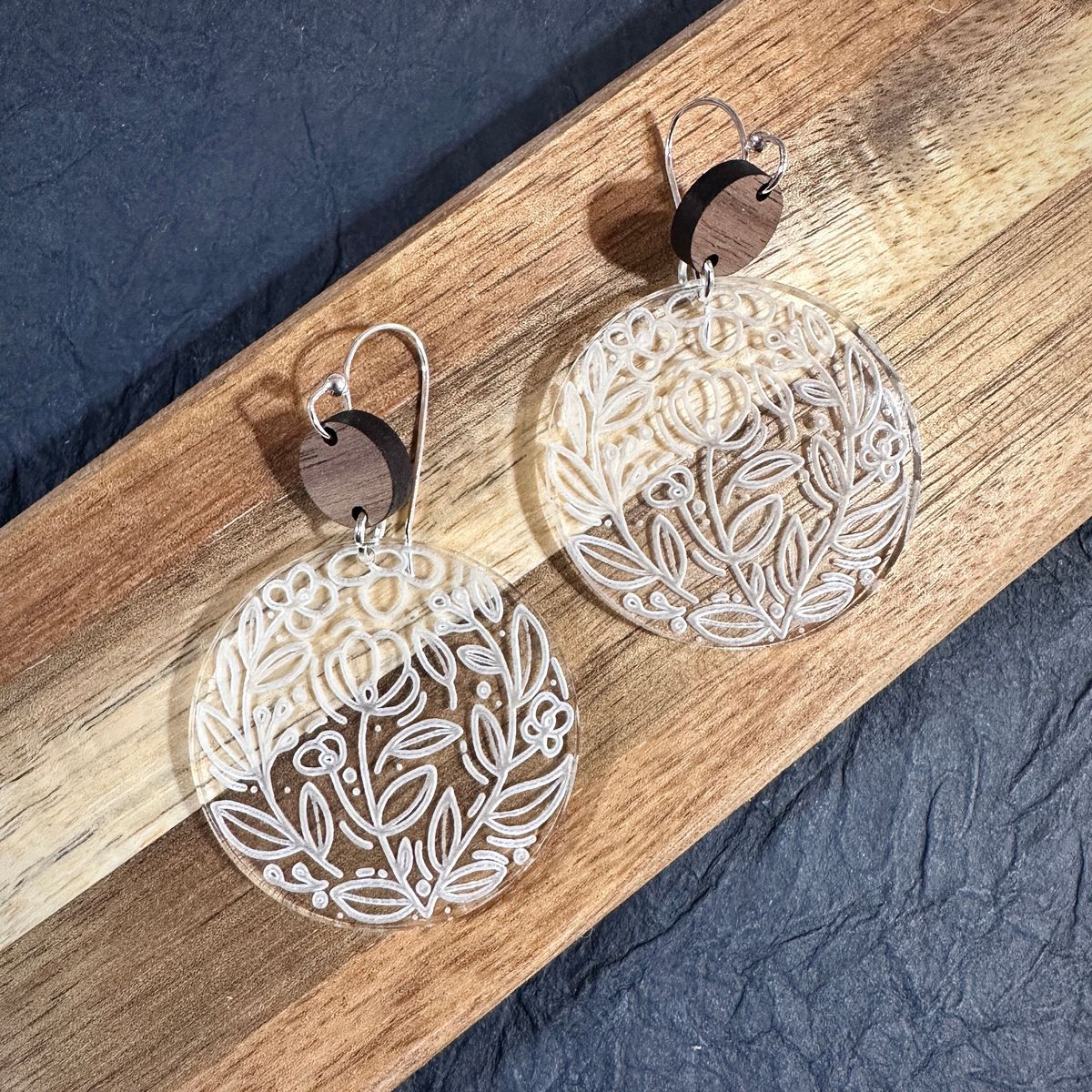 White Filigree Leaf Acrylic Earrings view 2