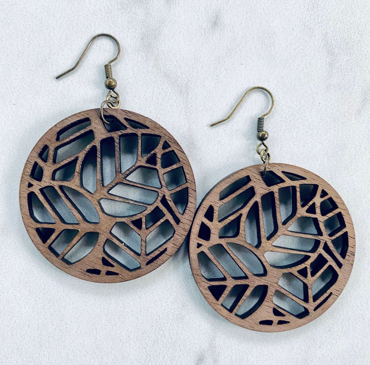 Navy Leaf Cutout Wood Earrings view 2