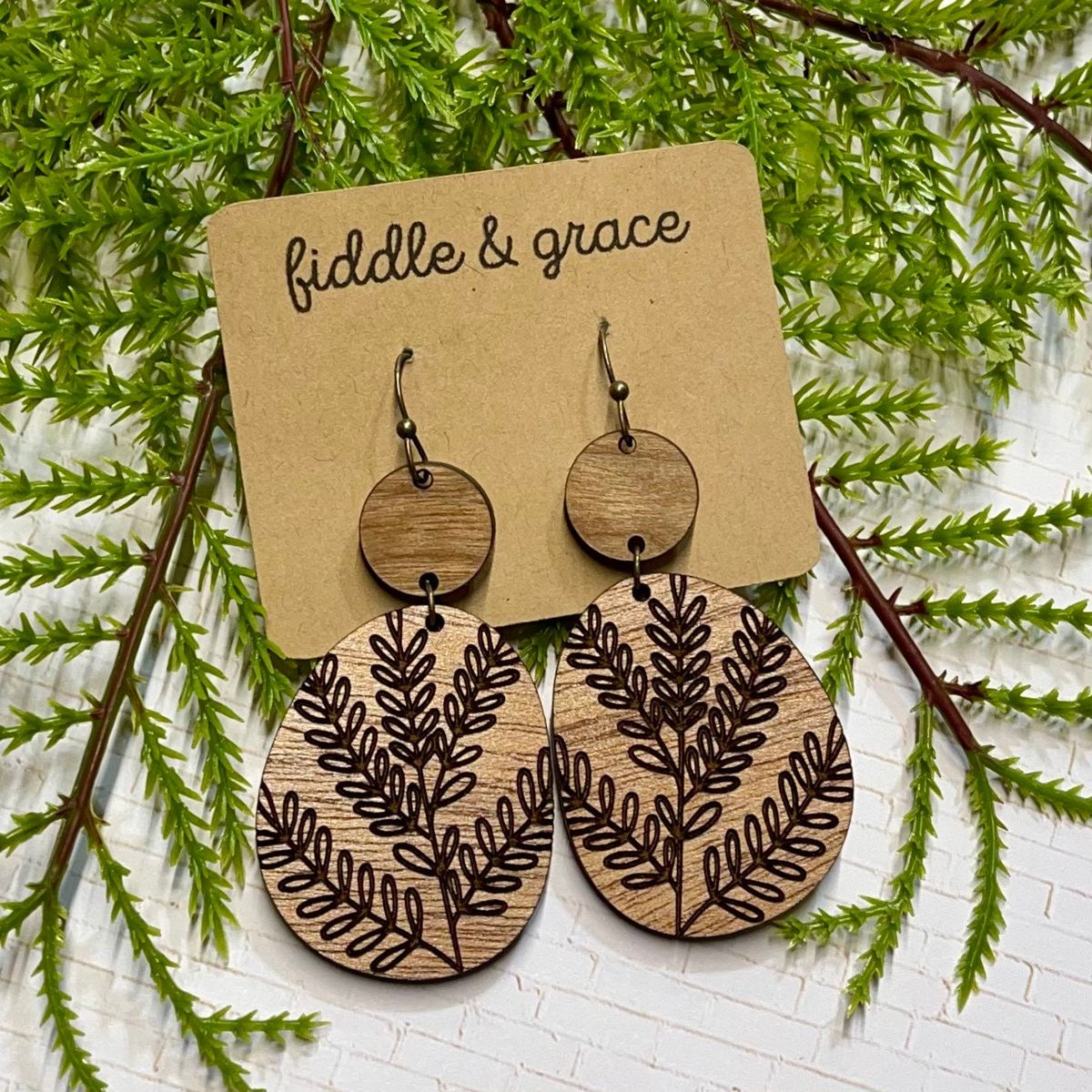 Hand-Drawn Fern Leaf Wood Earrings