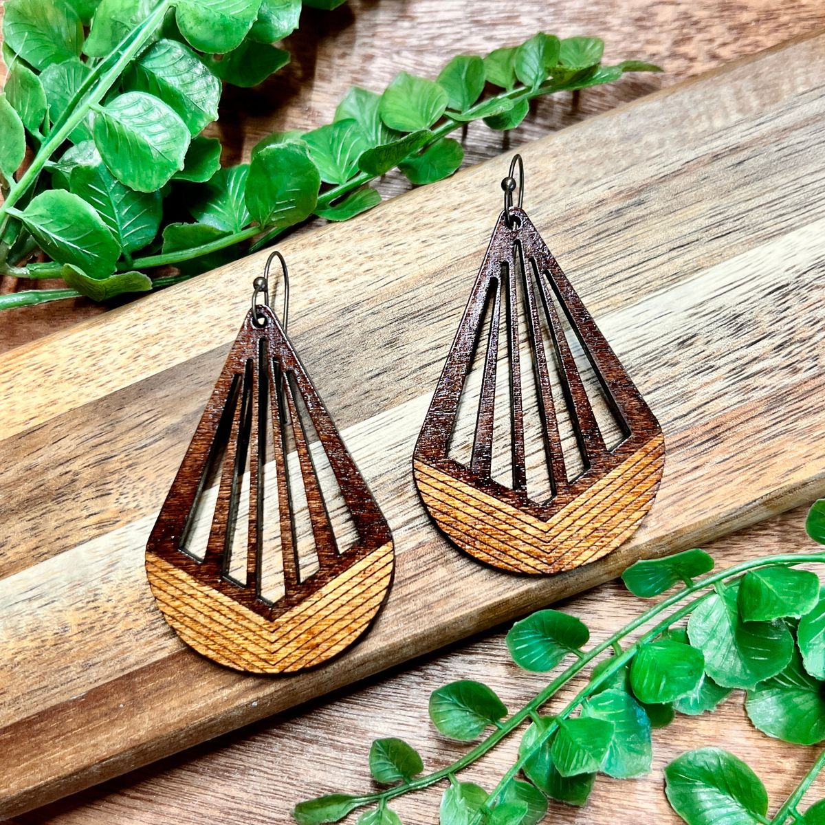Wood Teardrop Geometric Dangle Earrings view 2