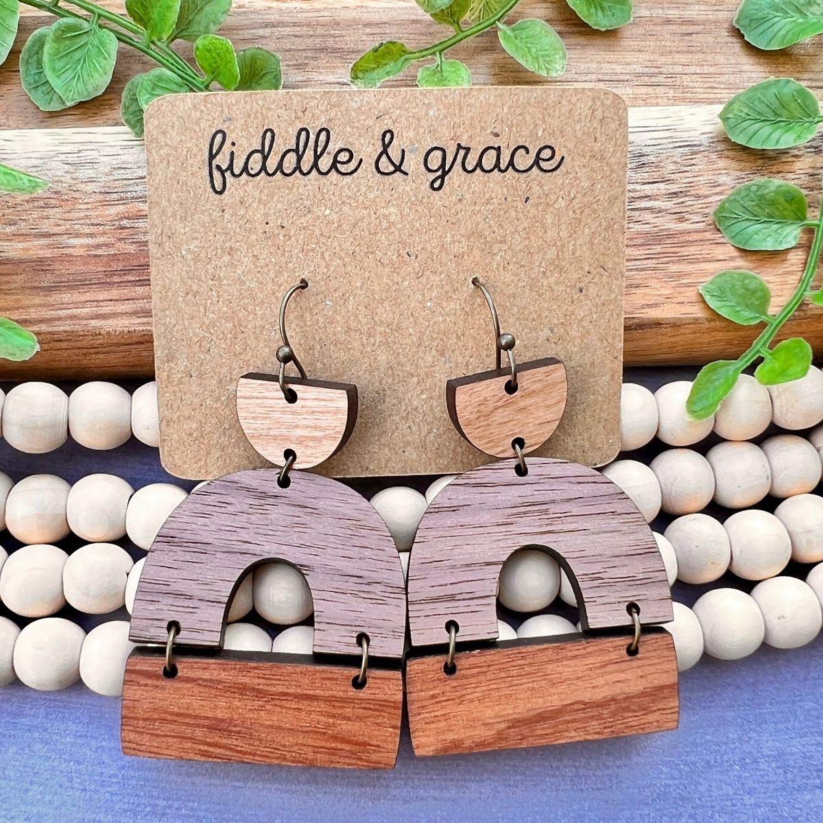 Rounded Square Wood Dangle Earrings