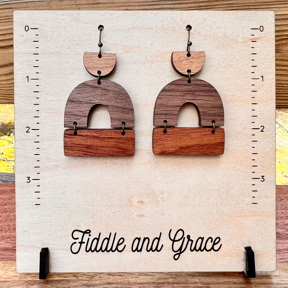 Rounded Square Wood Dangle Earrings view 2