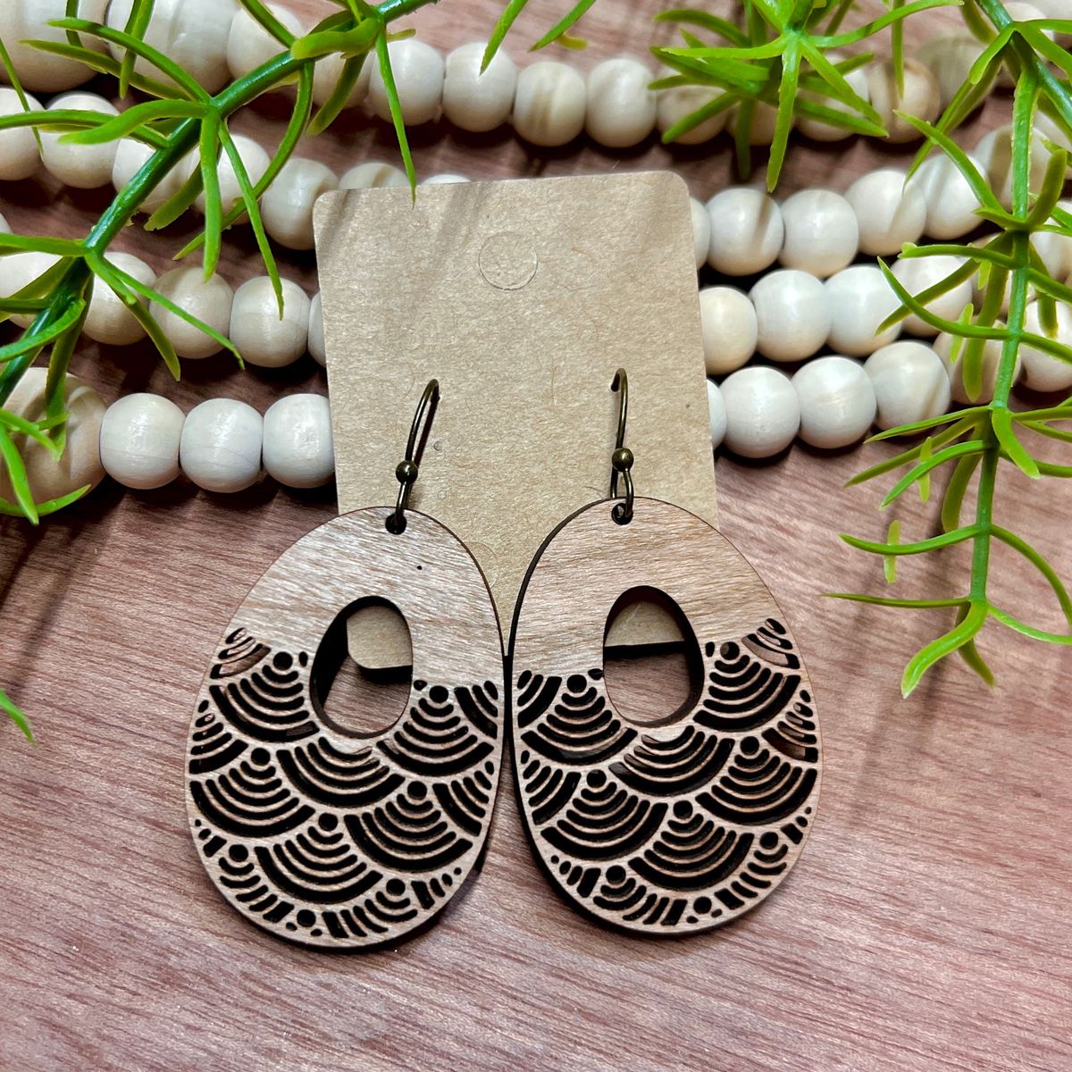 Wave Pattern Wood Boho Earrings