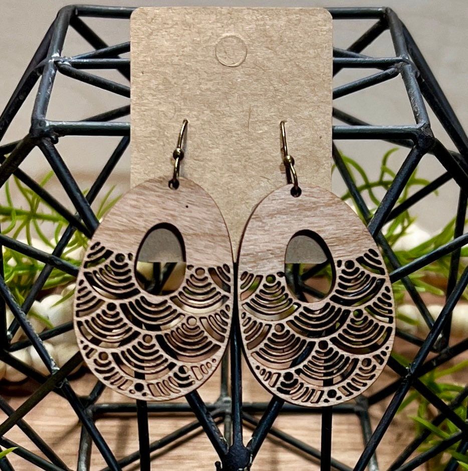 Wave Pattern Wood Boho Earrings view 2