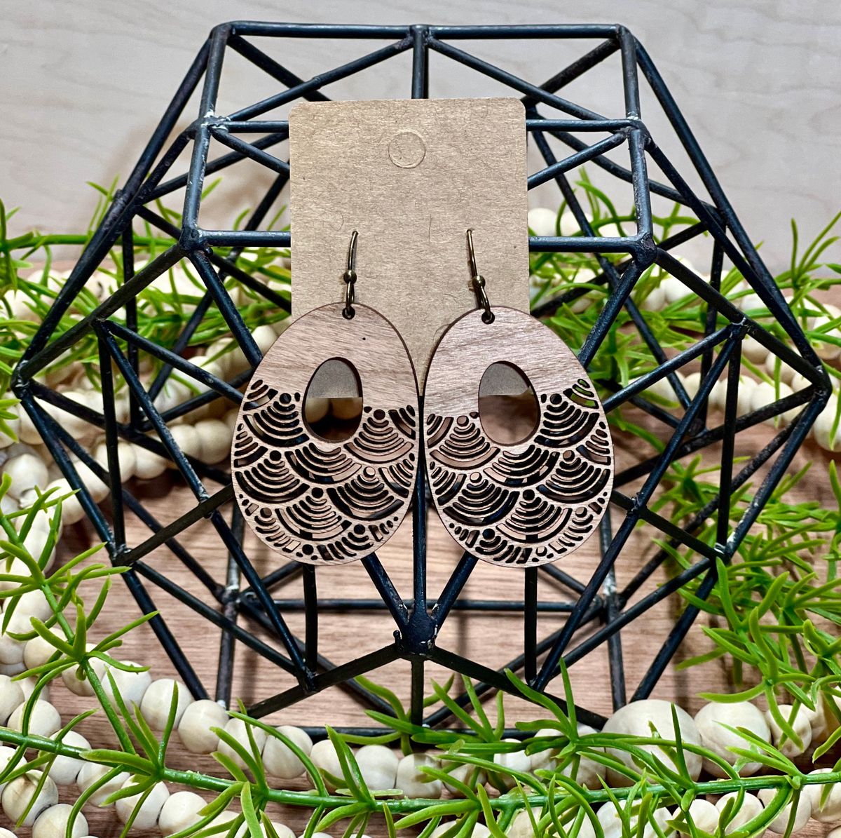 Wave Pattern Wood Boho Earrings view 3