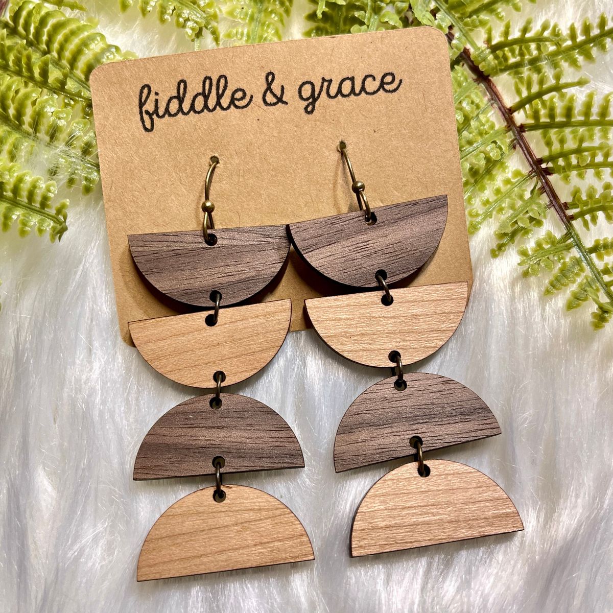 Mixed Wood Tone Half-Moon Geometric Earrings