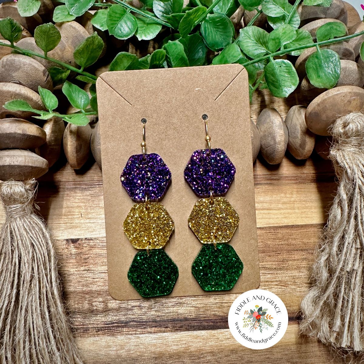 Purple Gold Green Layered Sparkle Dangle Earrings