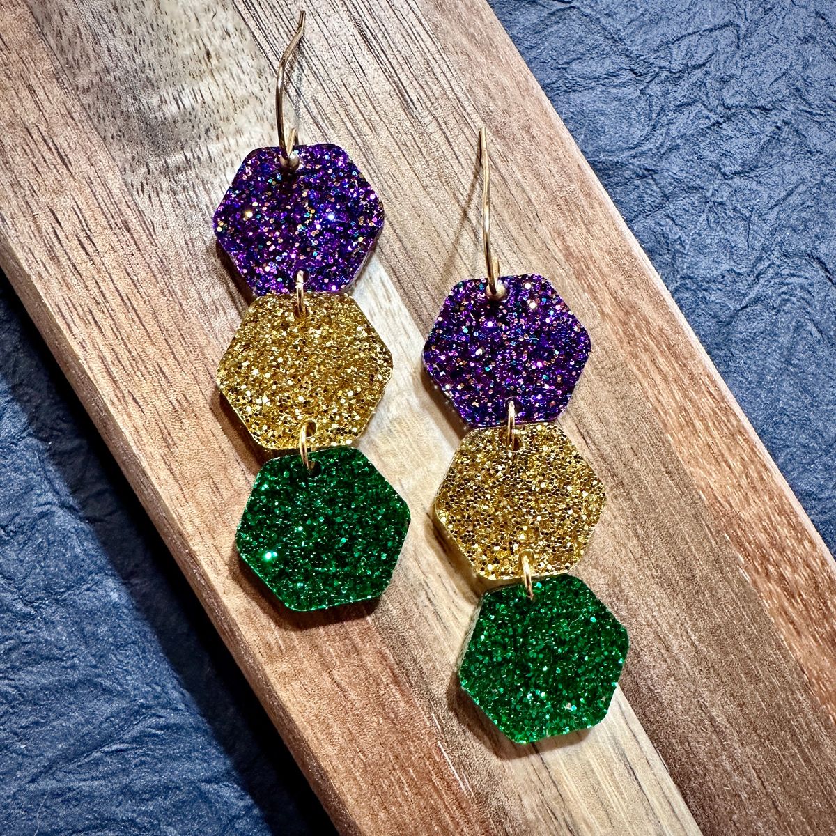 Purple Gold Green Layered Sparkle Dangle Earrings view 2