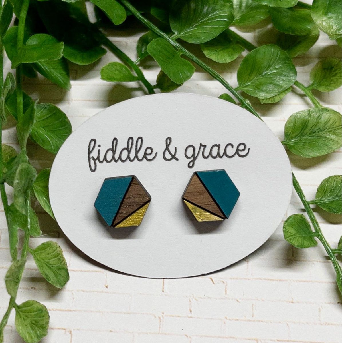 Teal Wood Gold Geometric Earrings