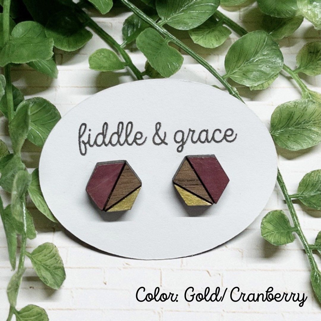 Teal Wood Gold Geometric Earrings view 2