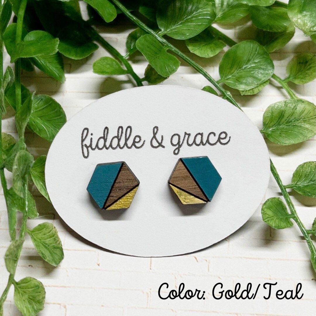 Teal Wood Gold Geometric Earrings view 3