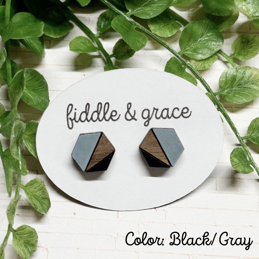 Teal Wood Gold Geometric Earrings view 4