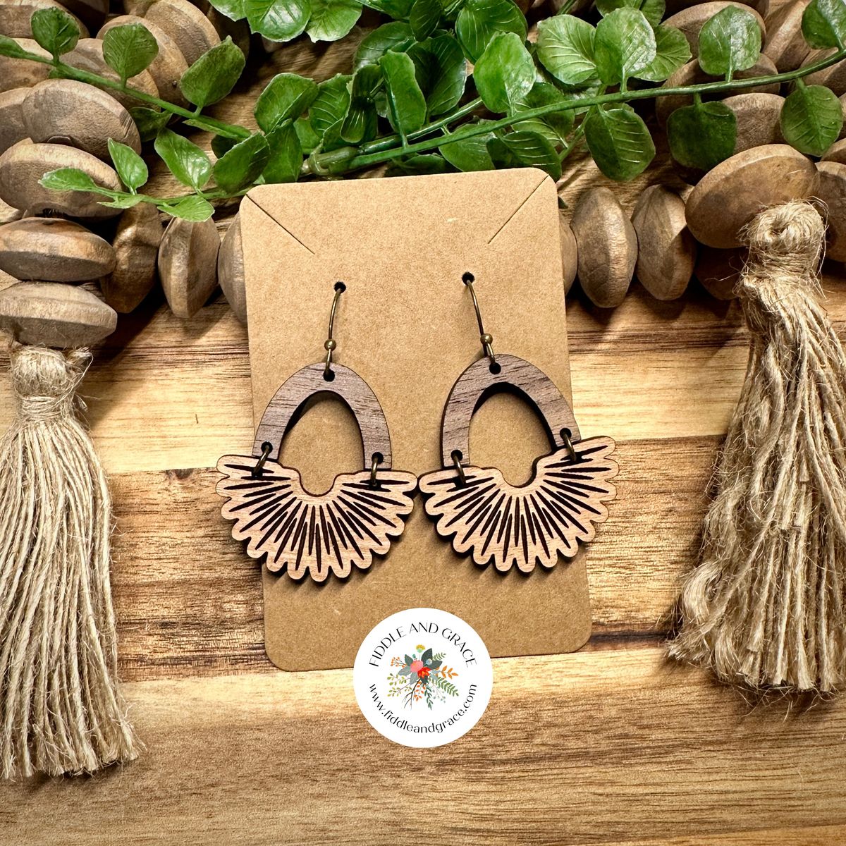 Black Gold Fan Teardrop Wood Earrings