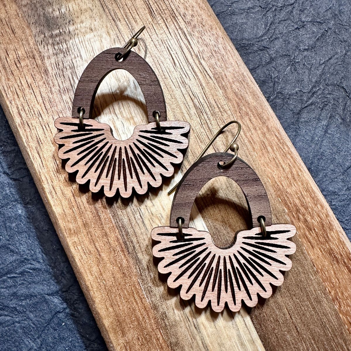 Black Gold Fan Teardrop Wood Earrings view 2
