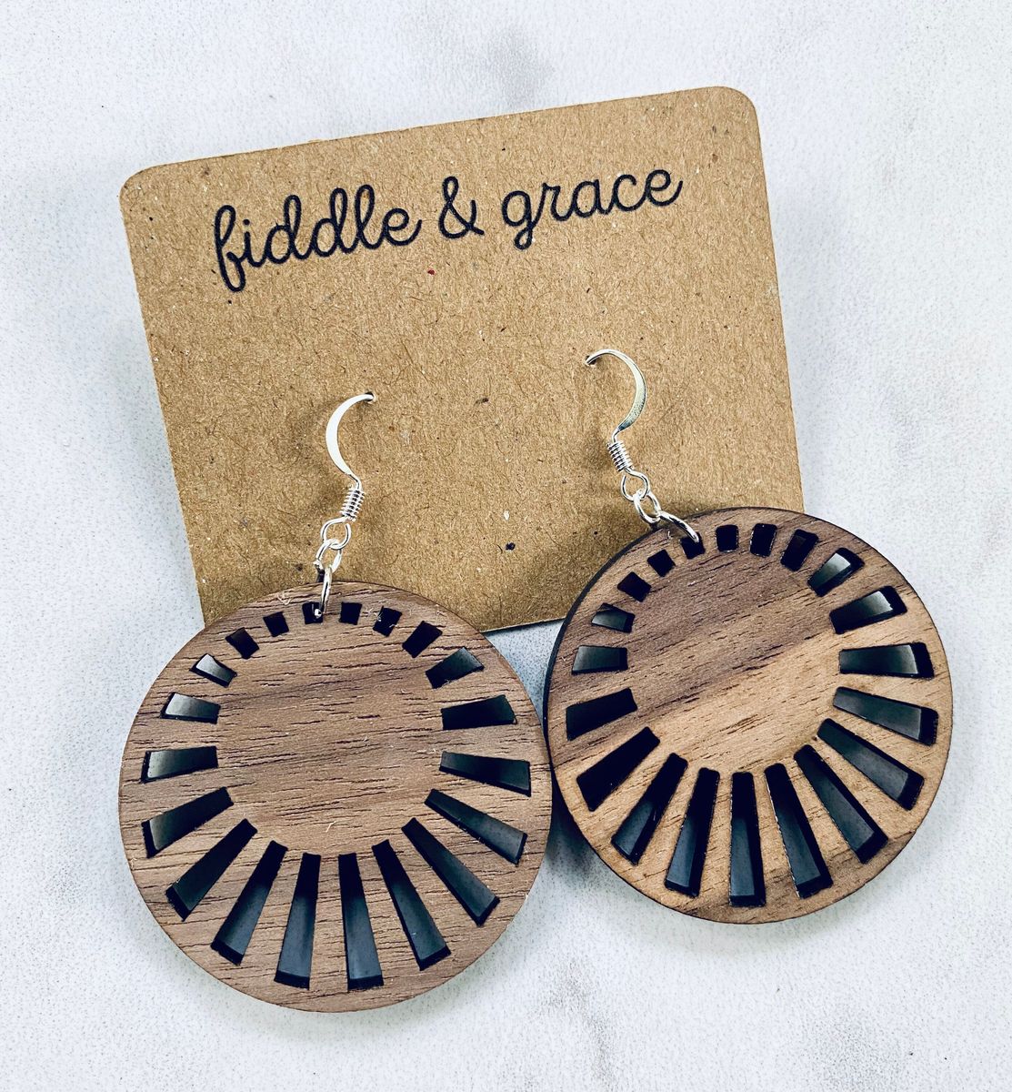 Wood Navy Sunburst Radial Pattern Earrings