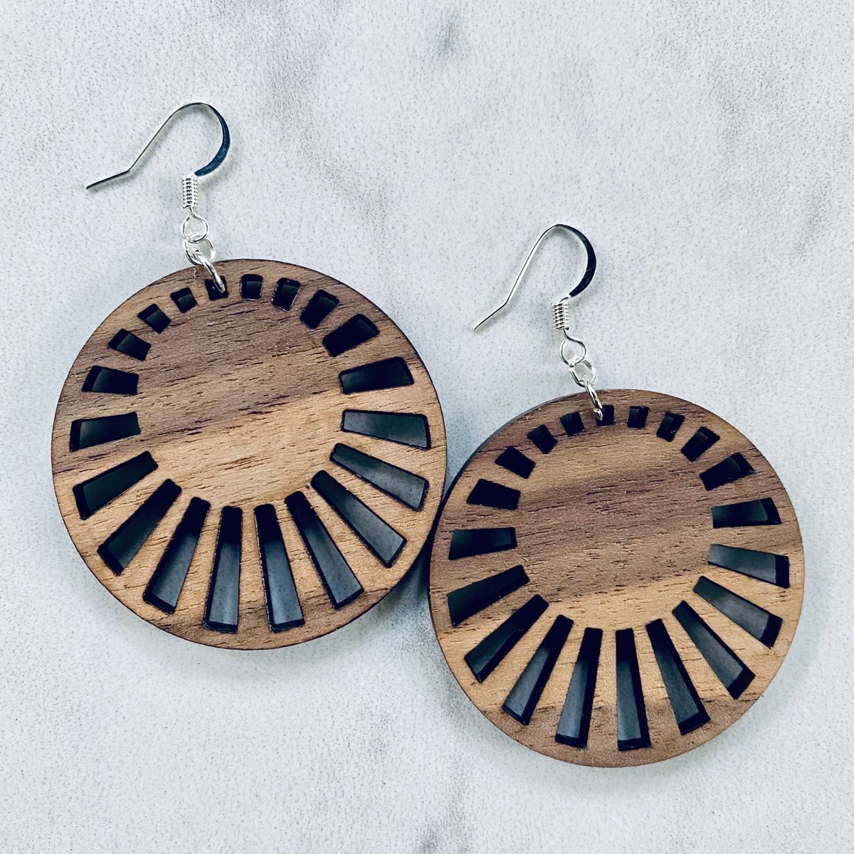 Wood Navy Sunburst Radial Pattern Earrings view 2