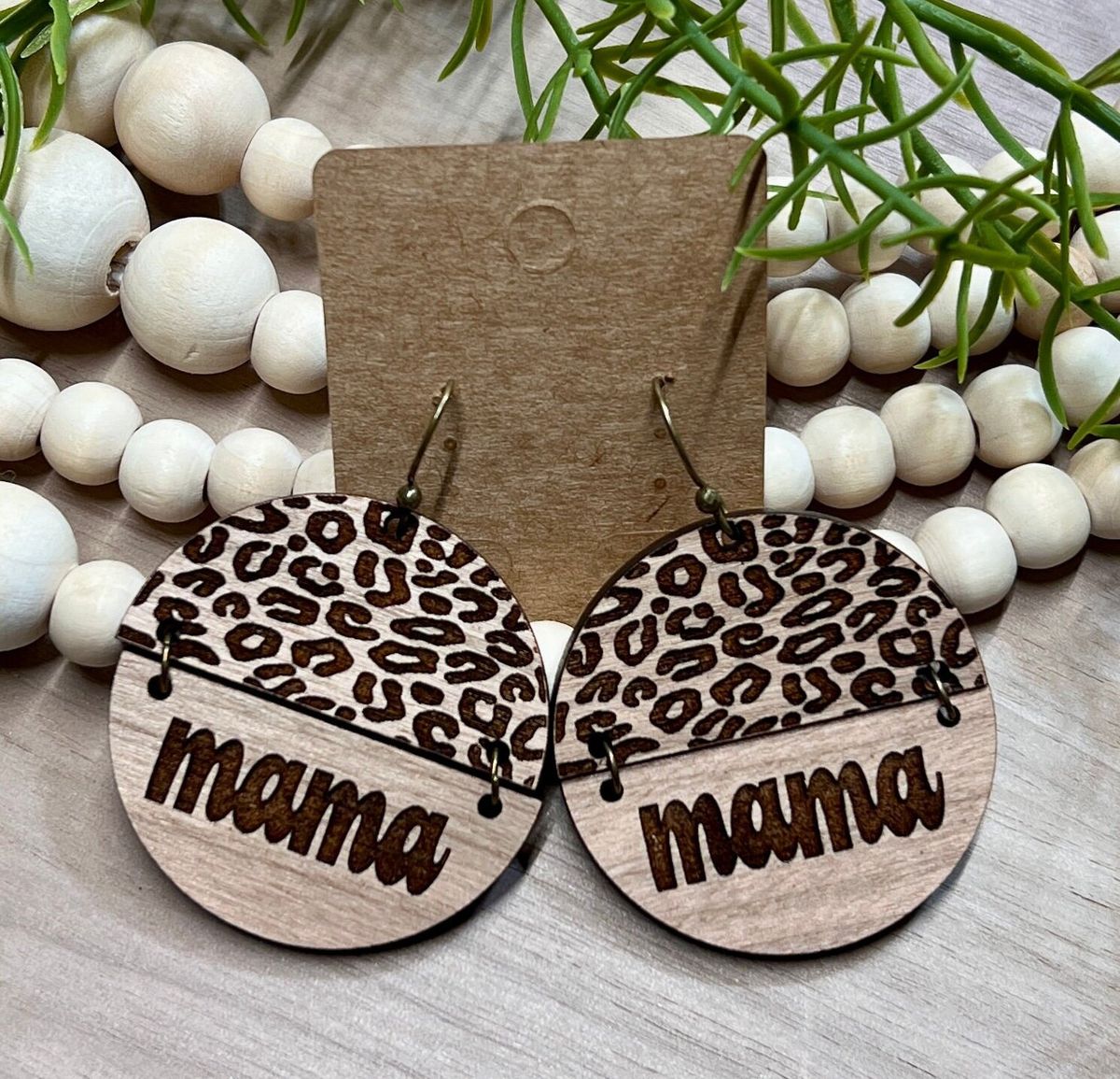 Leopard Mama Wood Hinge Earrings
