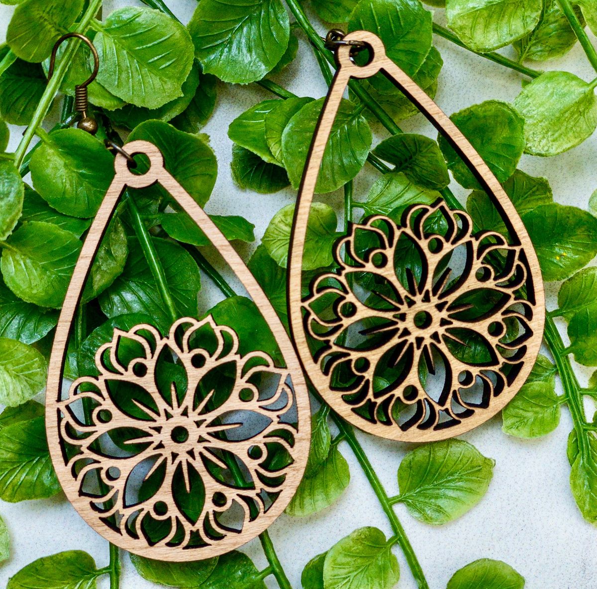 Wooden Mandala Teardrop Cutout Earrings view 2