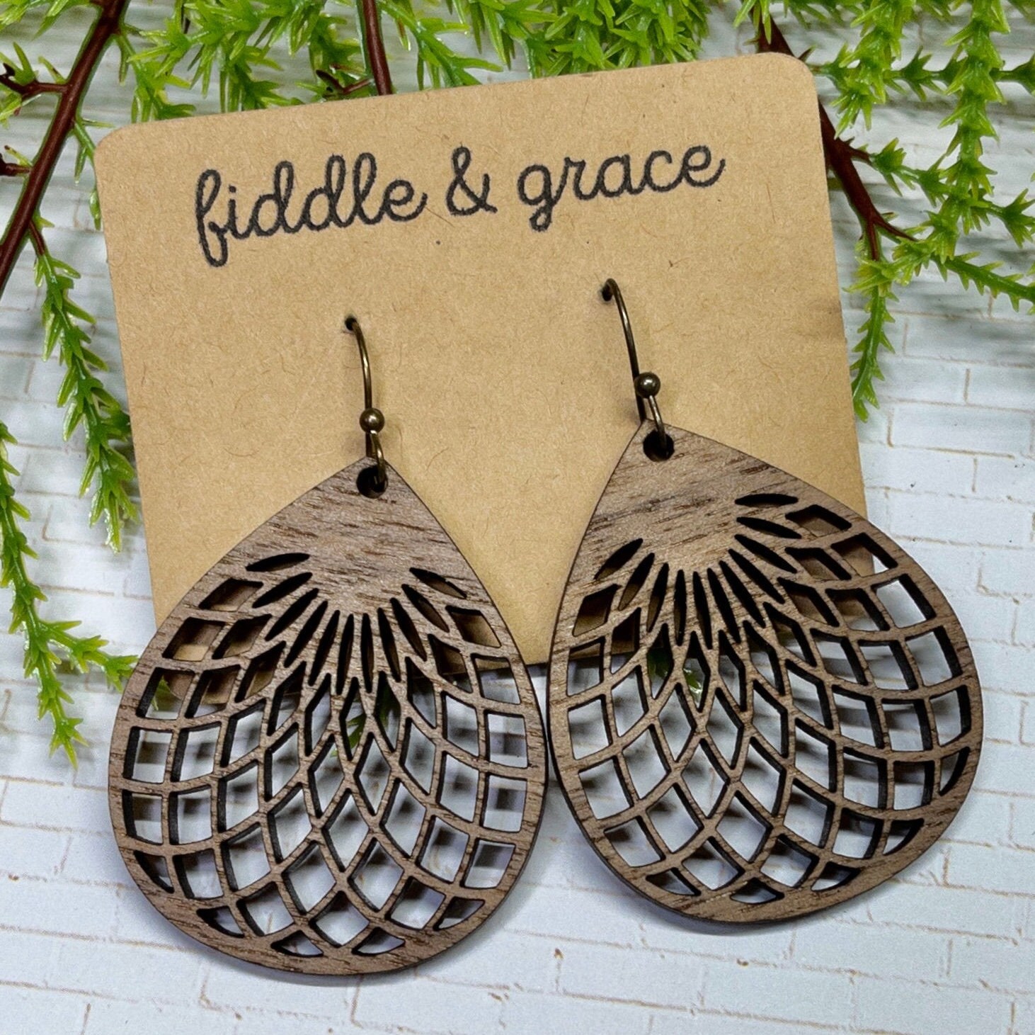 Wood Laser-Cut Mandala Teardrop Earrings