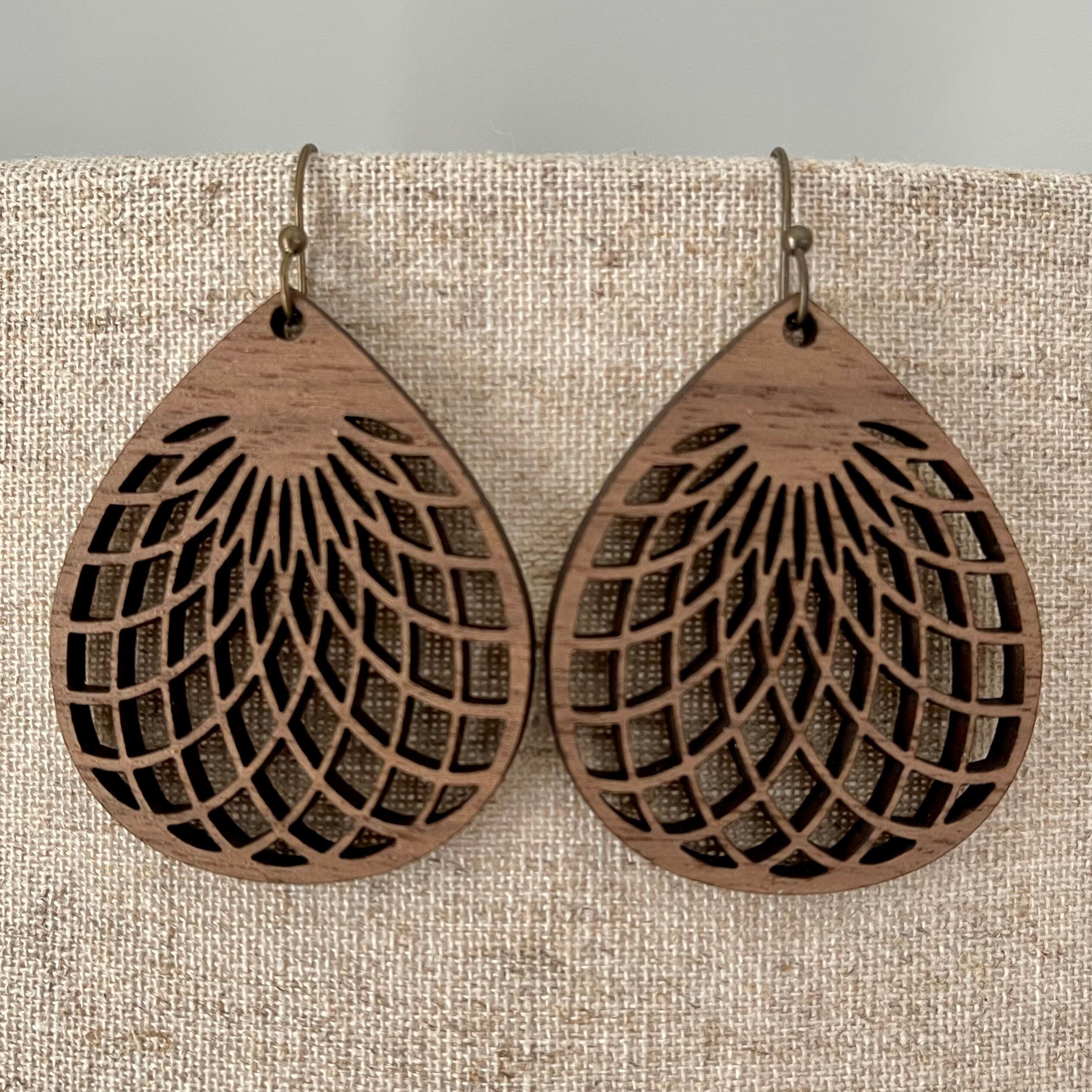Wood Laser-Cut Mandala Teardrop Earrings view 2