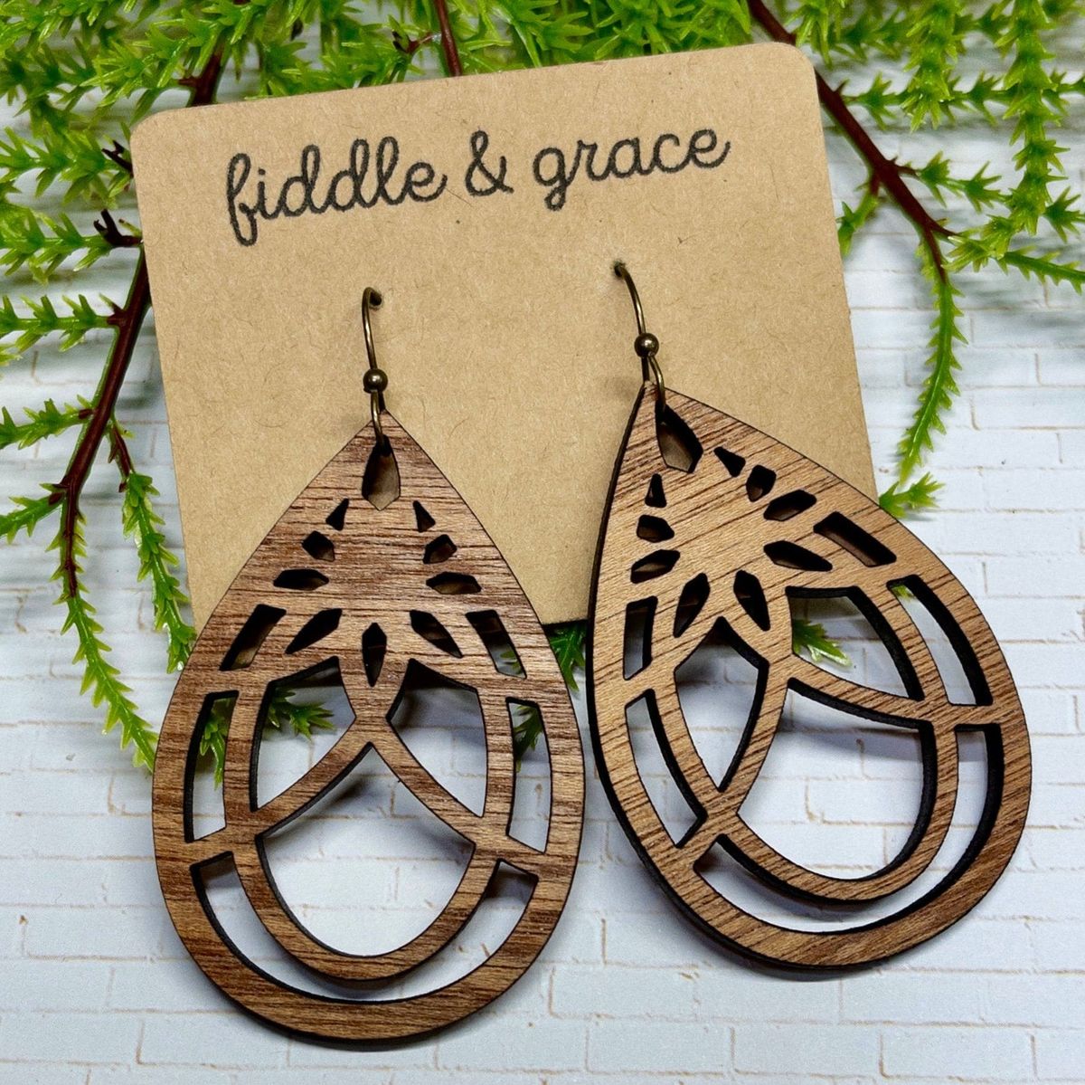 Geometric Wood Mandala Teardrop Earrings