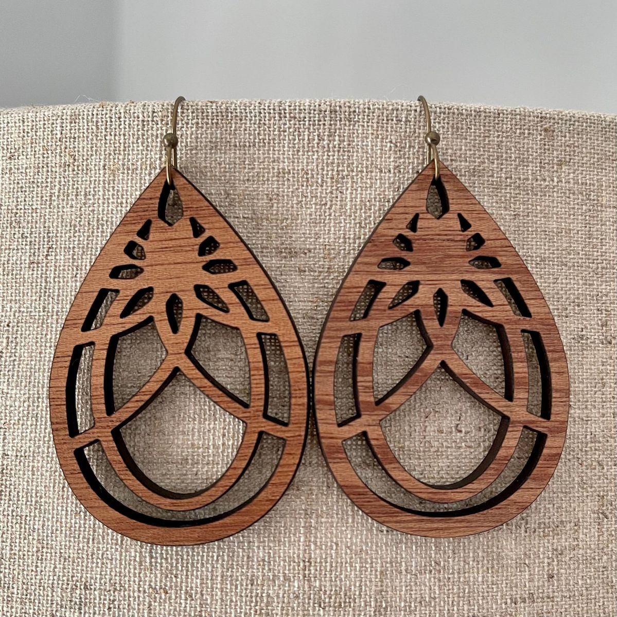 Geometric Wood Mandala Teardrop Earrings view 2
