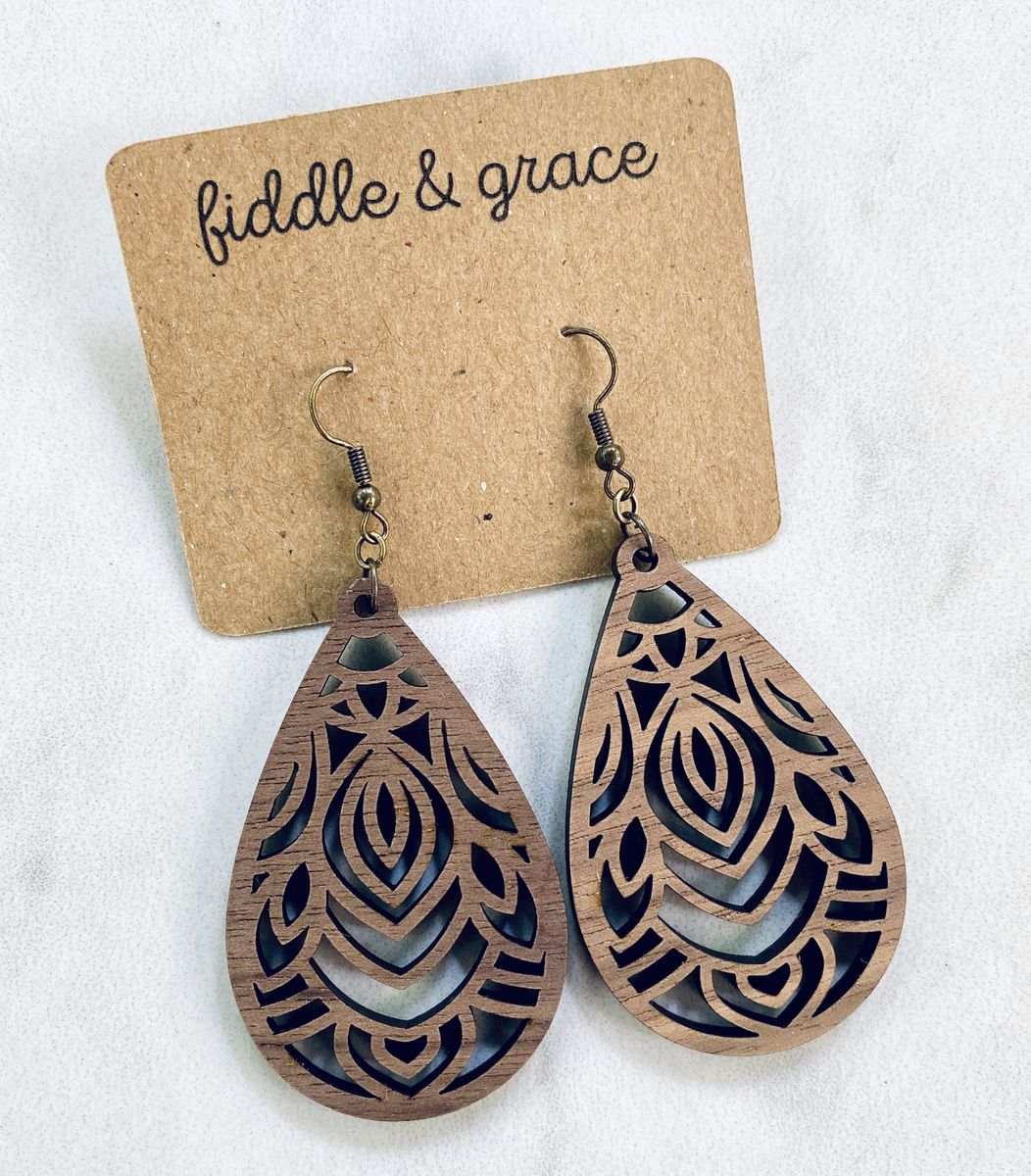Nested Wood Mandala Petal Teardrop Earrings