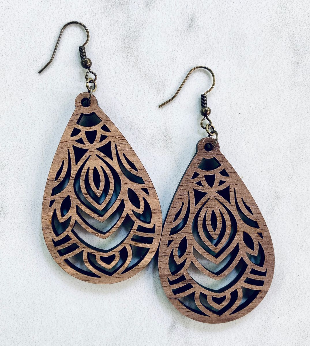Nested Wood Mandala Petal Teardrop Earrings view 2