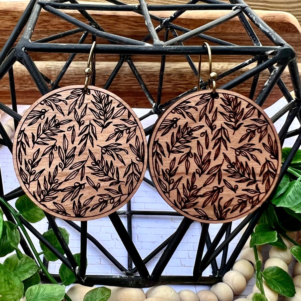 Olive Branch Wood Nature Earrings view 2