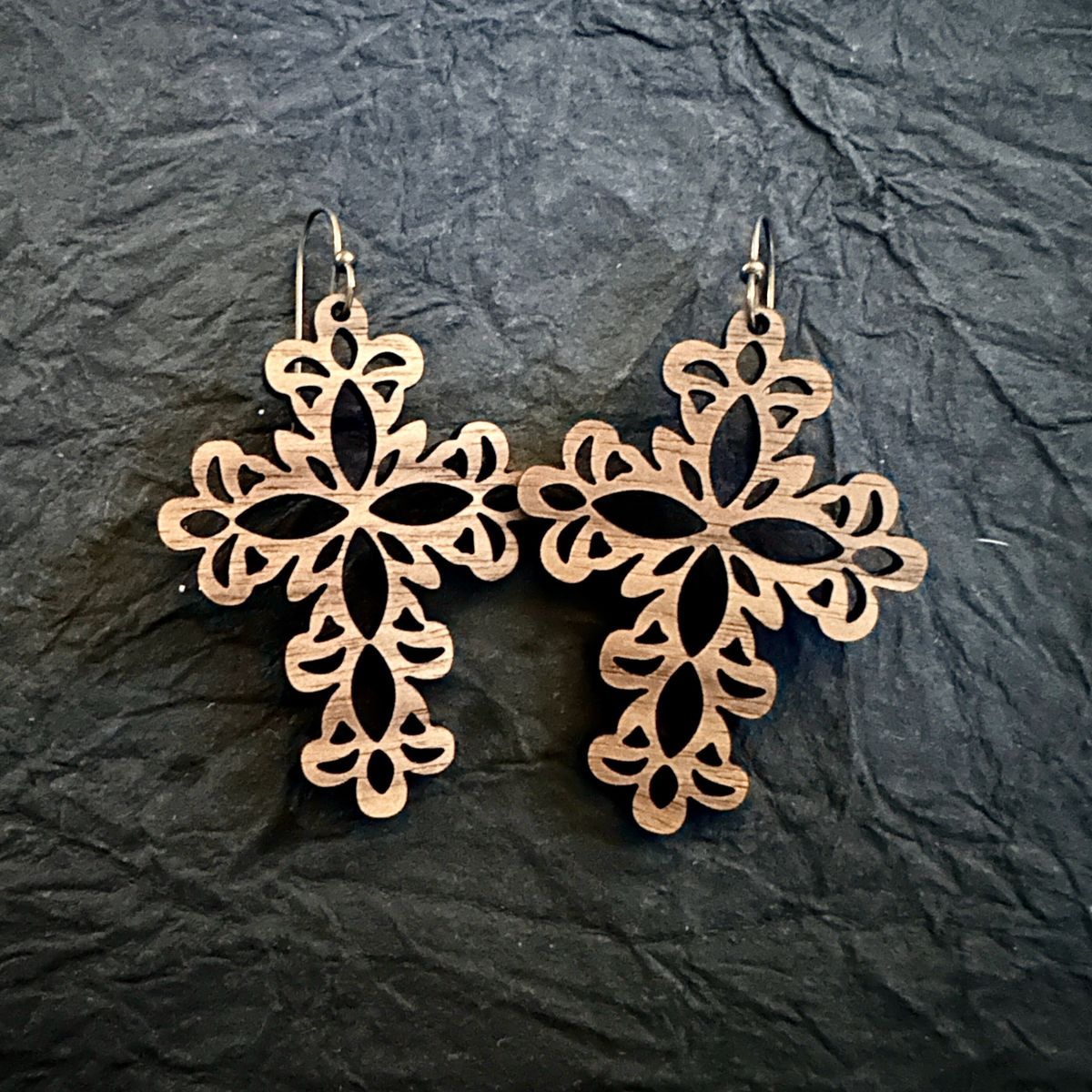 Silver Ornate Cross Earrings view 2