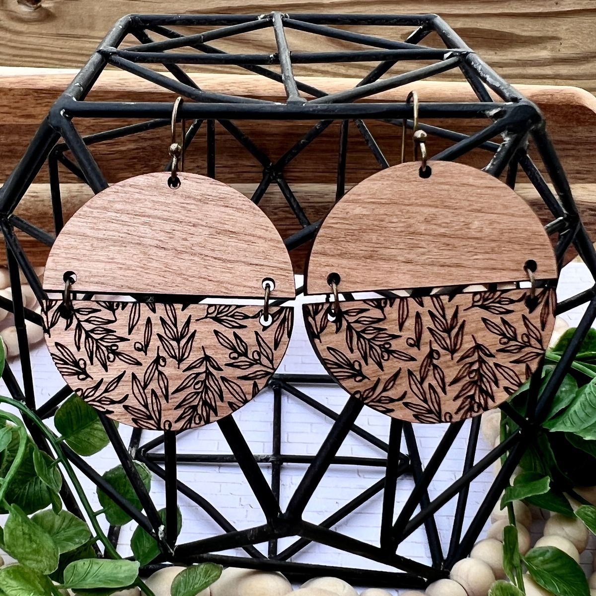 Leaf Vine Etched Wood Earrings view 2