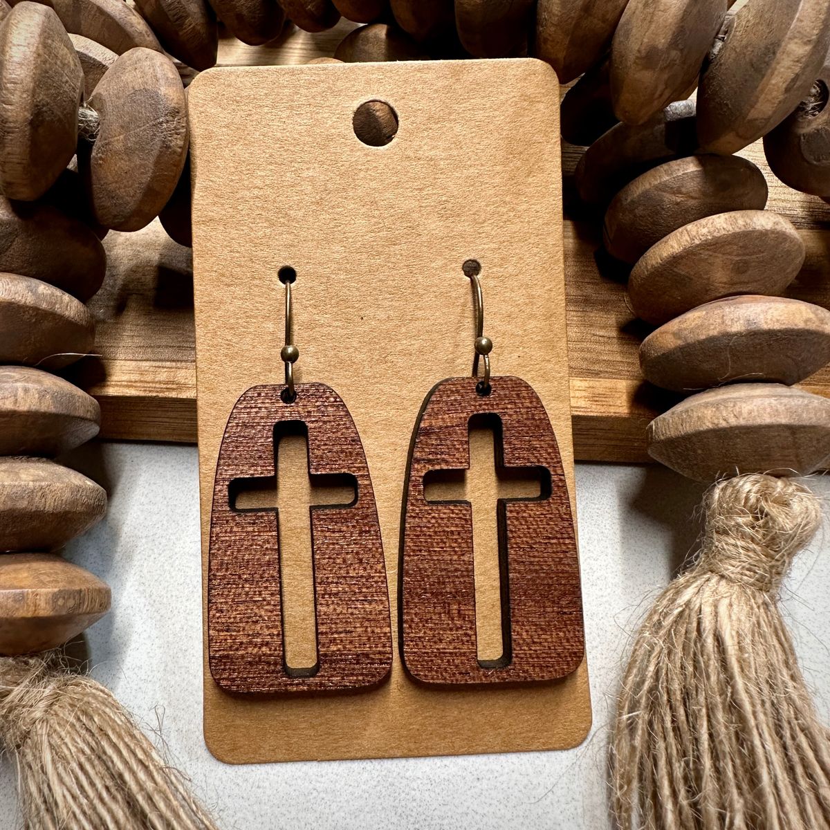 Wood Teardrop Cross Earrings