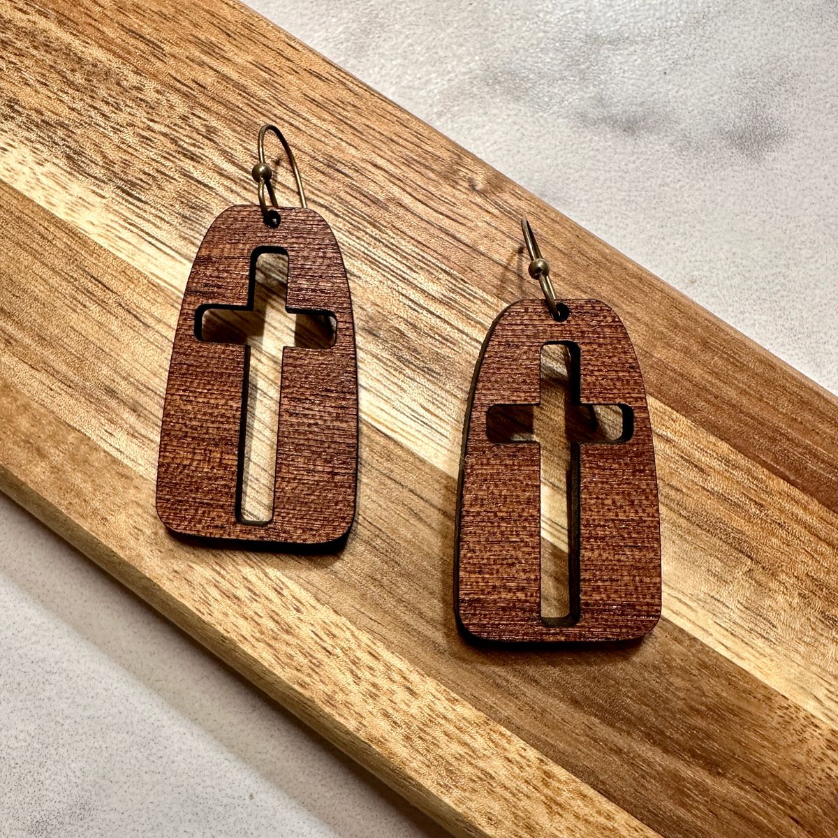 Wood Teardrop Cross Earrings view 2