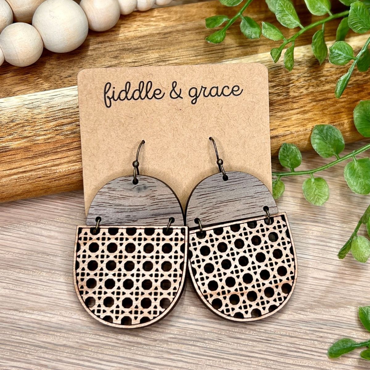 Half Moon Rattan Cane Wood Earrings