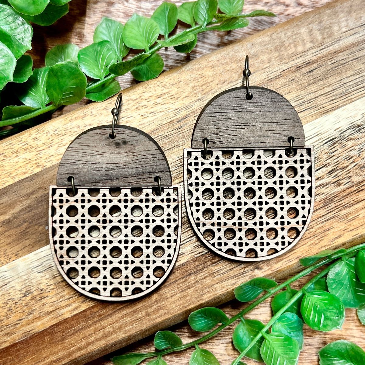 Half Moon Rattan Cane Wood Earrings view 2