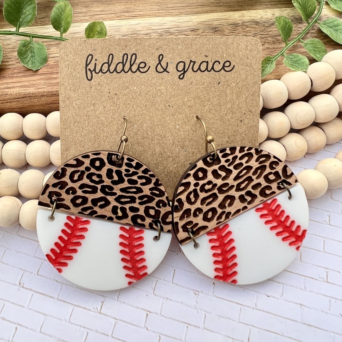 Leopard Print Wood Baseball Earrings