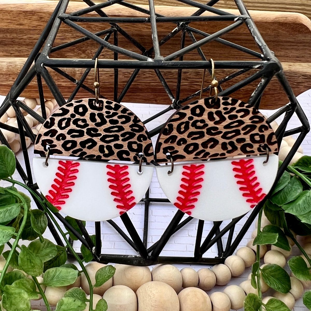 Leopard Print Baseball Hinge Earrings view 2