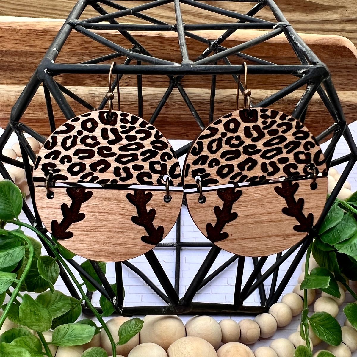 Leopard Red Stitch Softball Earrings view 2