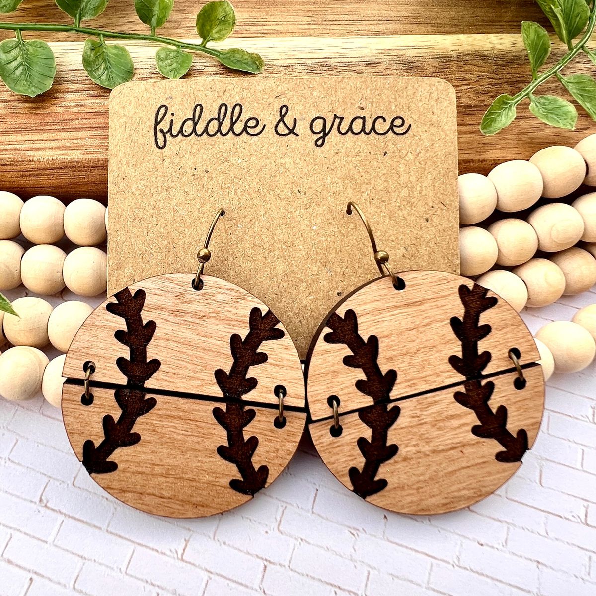 Black Stitch Natural Wood Softball Earrings