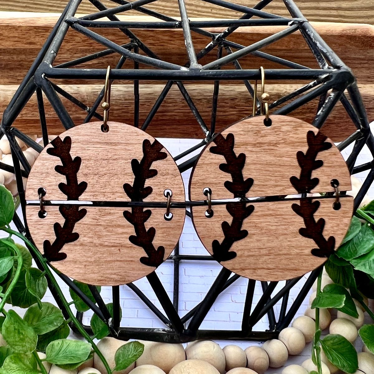 Black Stitch Natural Wood Softball Earrings view 2