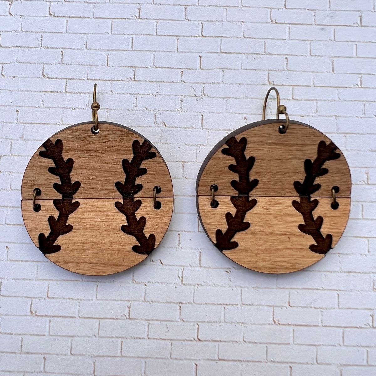 Black Stitch Natural Wood Softball Earrings view 3