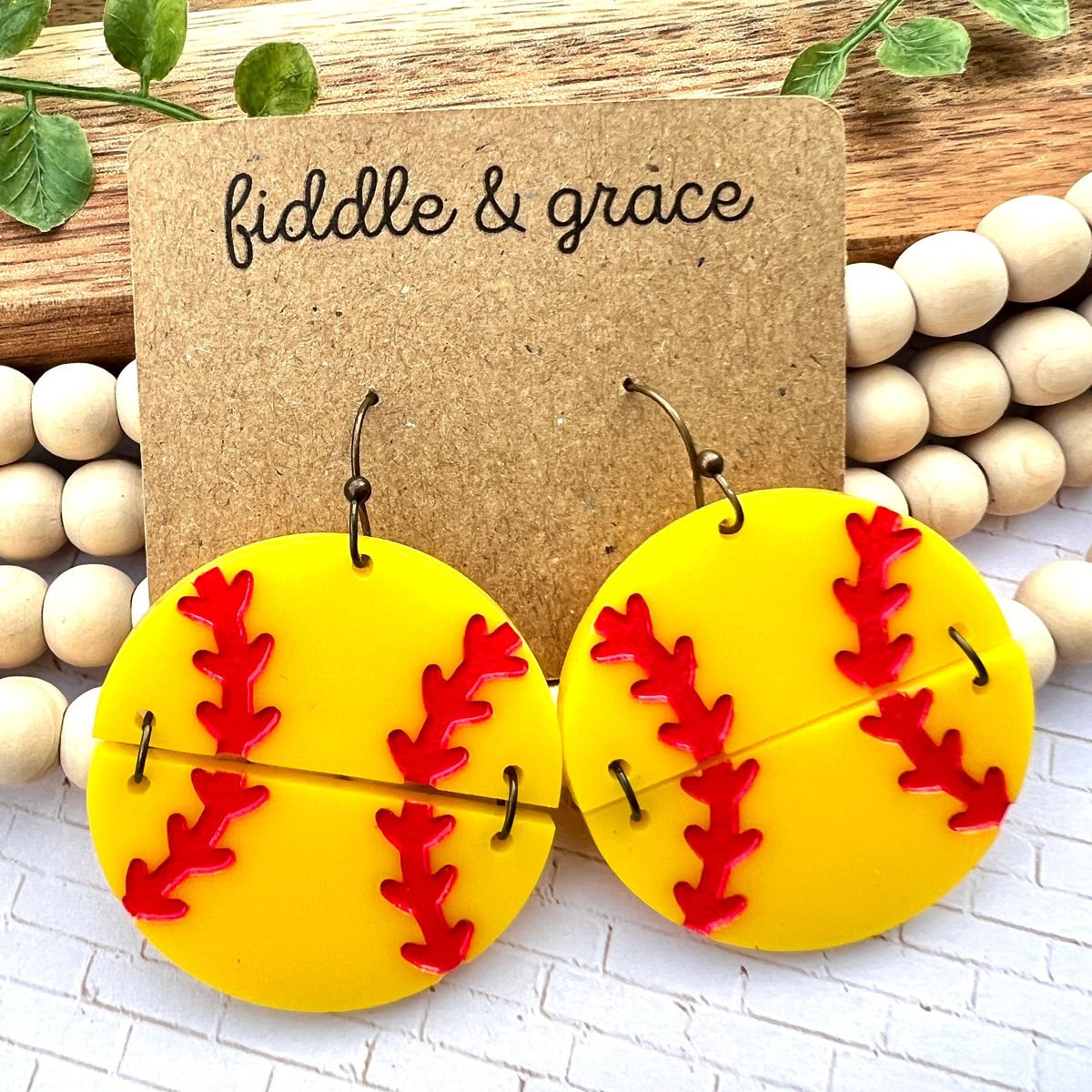 Yellow Red Stitch Leopard Softball Earrings