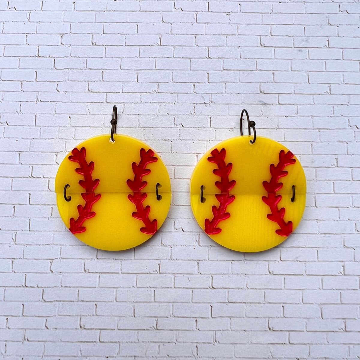 Yellow Red Stitch Leopard Softball Earrings view 2